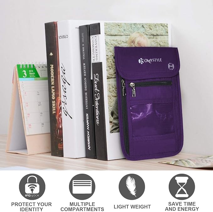 OMYSTYLE Neck Wallet, RFID Passport Holder for Travel, Adjustable Neck Strap, Waterproof Neck Pouch for Men & Women to Keep Cash, Credit Cards and Documents Safe, Purple (8x6)