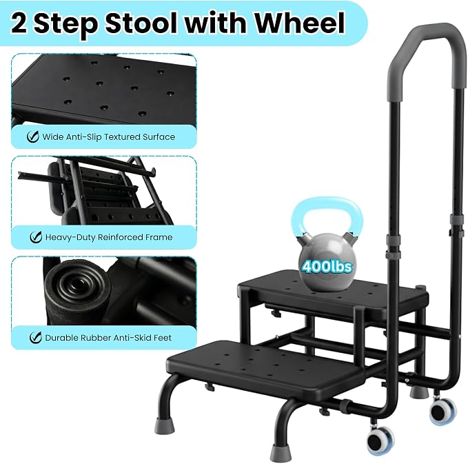 2 Step Stool with Handle & Wheels for Seniors, 400 lbs Capacity, Heavy Duty Step Stool for Bed, Adjustable 5-Level Handrail, Non-Slip Wide Steps, for Grandpa