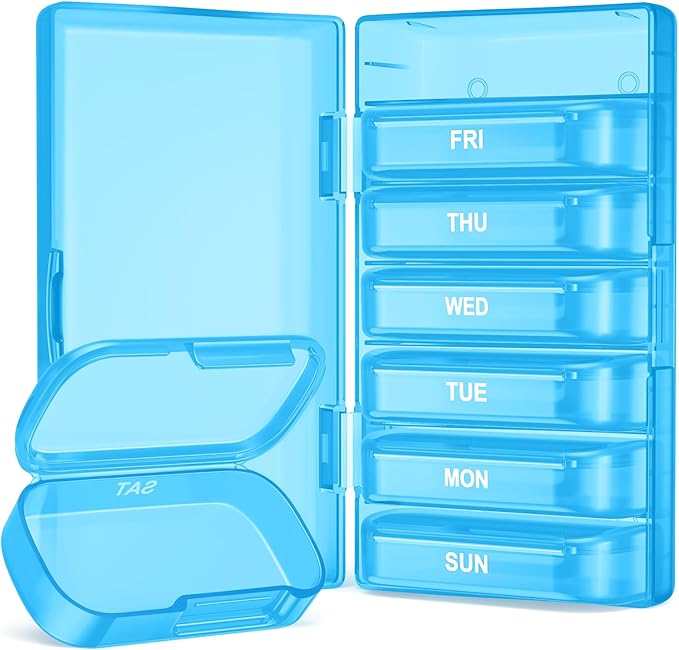 PULIV Weekly Pill Organizer with Large Capacity, Dual Protection Pill Box 7 Day, Arthritis Friendly Pill Case Easy to Open, Medicine Organizer for Vitamins, Medications, Fish Oils, Supplements (Blue)
