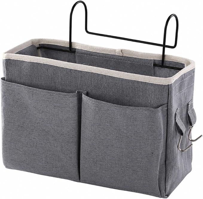 Bedside Caddy Organizer Hanging Storage Basket with Large Pockets & Hooks, Heavy-Duty Canvas Bedside Organizer for Bunk Beds, Dorm Rooms, Hospital Beds & Small Spaces (Gray)