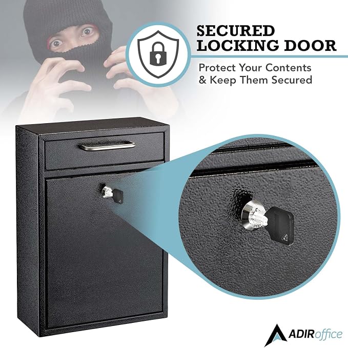 AdirOffice Wall Mount Mailbox - Mailbox with Lock and Keys- Durable Wall Mounted Locking Mailbox and Cash Drop Box for House, Apartments and Bussiness After Hours Deposits