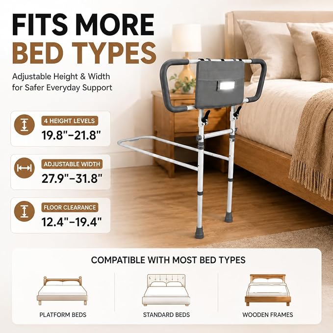 Bed Rails for Elderly Adults, ASTM Compliant Foldable Bed Assist Rail | 350 lb support, motion sensor light, storage bag, adjustable height, fits Twin, Full, Queen and King beds
