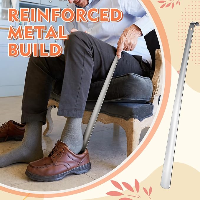Geelin 2 Pcs 23'' Extra Long Handled Shoe Horn Metal Shoehorn for Men Women Multifunctional Stainless Dressing Stick for Elderly Disabled Limited Mobility, Standing Reach Assist for Senior (Silver)