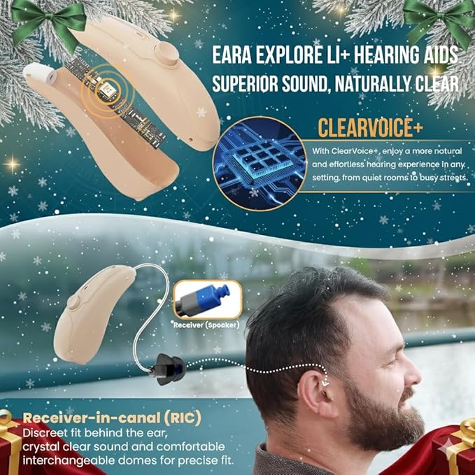 Eara Explore Li+ Rechargeable OTC Hearing Aids – Self-Fitting, Bluetooth 5.0 with Phone & Music Streaming | App-Controlled, Receiver-in-Canal (RIC) Design | FDA-Registered for Seniors and Adults 2025