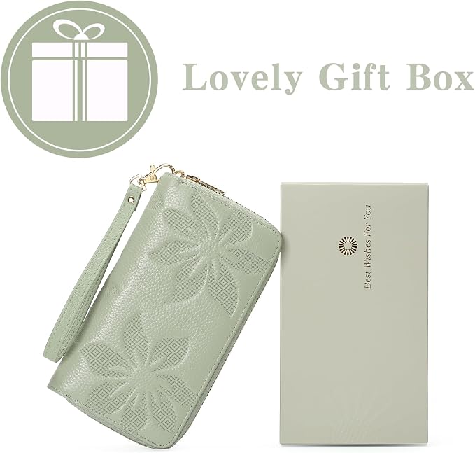 GOIACII Women's Wallet Large Capacity Double Zip Ladies Card Phone Holder RFID Blocking Wristlet Leather