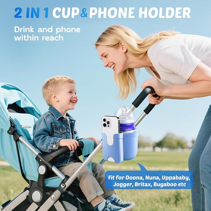 Stroller Cup Holder with Phone Holder, Accessories for Walker Wheelchair | Universal Cup Holder for Bike/Rollator/Scooter Accessories, Fit Uppababy, Nuna, Doona Stroller, Baby Registry Search