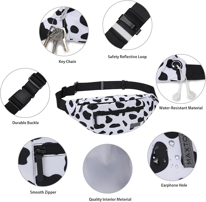MAXTOP Large Cow Print Crossbody Bags for Women Cute Fanny Pack Belt Bag | 4-Zipper Pockets,Gift for Enjoy Music Concert Hiking Running Cycling Traveling Hands-Free Waist Pack Fits All Phones