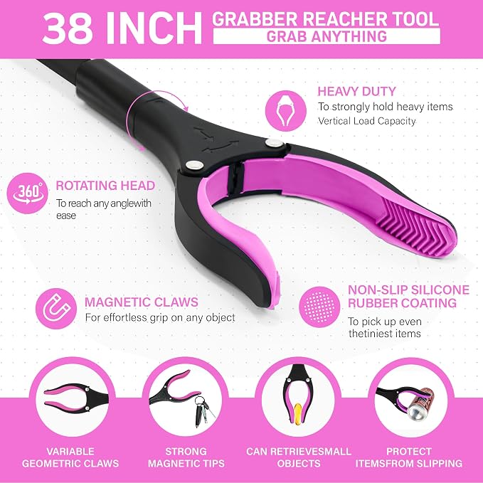 38" Extra Long Grabber Reacher Tool – 2 Pack Foldable Reacher Grabber Pickup Tools for Seniors, Disabled, Trash Pickup, and Hard-to-Reach Areas, Ergonomic Grip & Lightweight Design（Orange Pink）