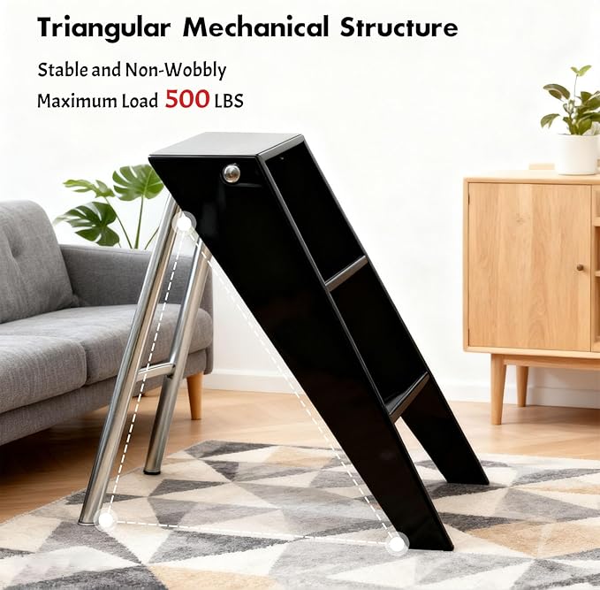 Acrylic 3 Step Ladder Folding Step Stool for Adults Foldable Small Step Stool Ladder for Kitchen Plastic Stepladder Modern Collapsible Ladder for Closet Home Bathroom Indoor(Black)