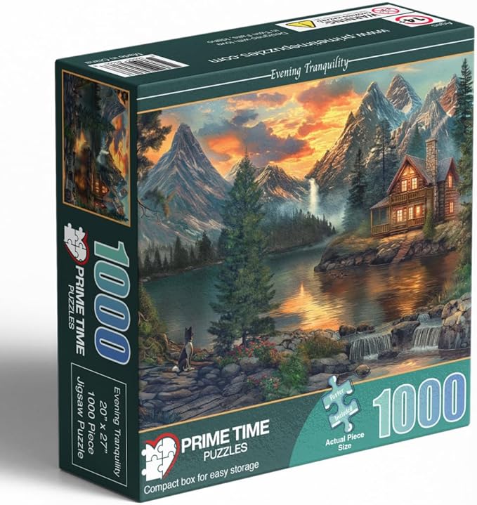 Adult Jigsaw Puzzle 1000 Piece Mountain Cabin | Features a serene lake cabin scene, finishing at 20x27 inches. Great for game nights on a table, puzzleboard, or floor.