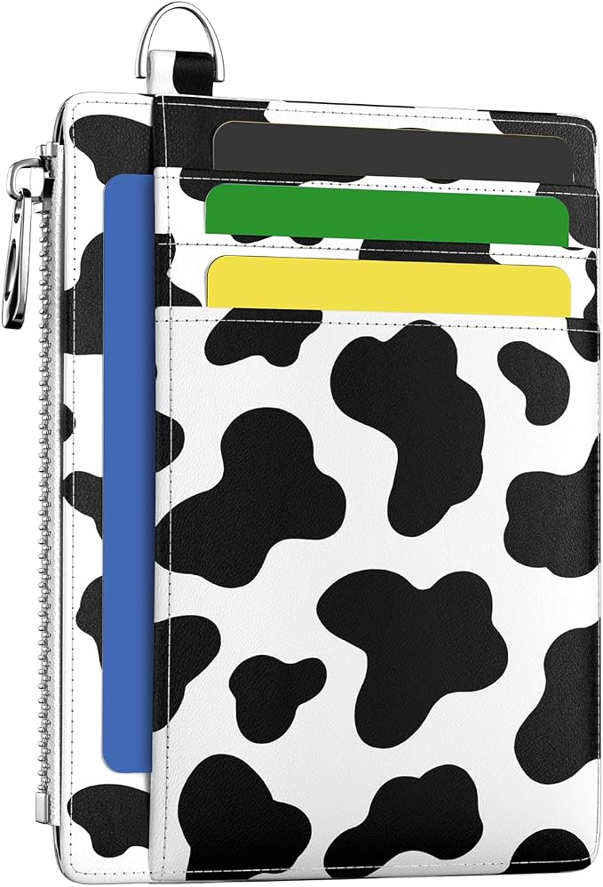 Hancynir Cow Slim Wallet Women Credit Card Holder, Small RFID Cute | Zipper Pocket Wallet, Thin Travel Coin Purse, Ladies Women Gifts, Minimalist Card Case, 6 Card Slots, ID Window, PU Leather