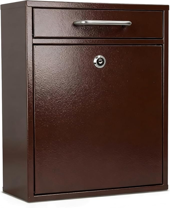 KYODOLED Locking Wall Mount Mailbox for Outside, Drop Box, X-Large, Bronze | Heavy-Duty Steel, Outdoor Mail Box with Key Lock, Large Capacity, Home, Office & Apartment Use, 16.2H × 11.2L × 4.6W In