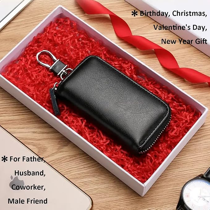 WESTONETEK Unisex Mens Womens Premium Leather Car Key Holder Bag Keychain Case Wallet with 6 Hooks Zipper Closure