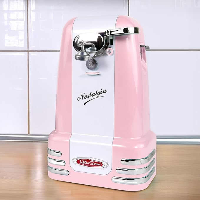 Nostalgia Retro Electric Can Opener for Kitchen with Magnetic Lid Remover, Knife Sharpener, and Soda or Beer Bottle Opener, Pink
