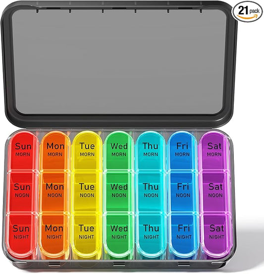 Odaro Pill Organizer 3X a Day, Medicine Pill Organizer 7 Day, Weekly Pill Case with 21 Compartments for Medicine, Vitamin and Supplement, Black
