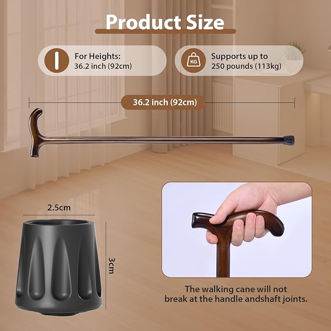 Wooden Walking Cane for Men & Women – 36 Inch Wood Cane with Stable Tip, Ergonomic Mobility Aid for Seniors, Comfortable Grip - Supportive Mobility Aid for Seniors