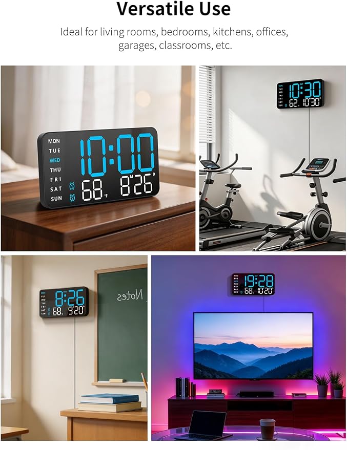 Abovsare Digital Wall Clock, Digital Clock Large Display, Corded LED Alarm Clocks with Date, Week, Temp, Auto Dimming, DST, Wall Mount or Desk Clock for Bedroom Living Room Classroom Office (Blue)