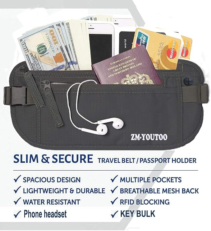 ZM-YOUTOO Money Belt for Travel - Hidden Travel Pouch Protect Your Credit and Money With RFID Blocking Passport Holder Waist Wallet (gray)