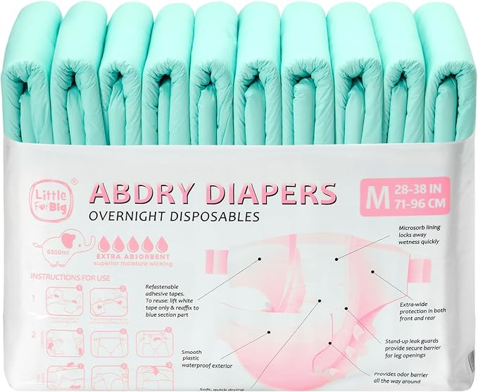 Littleforbig Adjustable Tapes Adult Diaper 10 Pieces - ABDry Ultra Absorbent Diapers 6500 mL Green (Medium 28"-38")