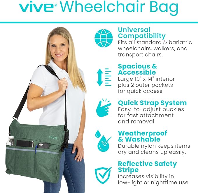 Vive XL Wheelchair Accessories Bag - Waterproof, Scratch-Resistant, Double-Stitched, Machine Washable for Adults, Seniors, 15 Colors - Storage Walker Backpack to Hang on Back of Wheel Chair