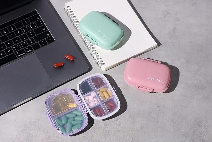 MEACOLIA 3 Pack Travel Pill Organizer - 8 Compartments Portable Pill Case for Purse, Moisture-Proof Daily Medicine Vitamin Container, Pill Box Holder for Travel Essentials (Purple, Green, Pink)