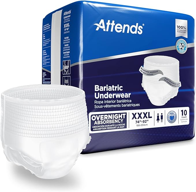 Attends Bariatric Adult Incontinence Underwear, 3X-Large (74-92"), [10 Count] - Overnight Absorbency for Men and Women, Disposable Pull-On Diapers with Tear-Away Sides, AU60