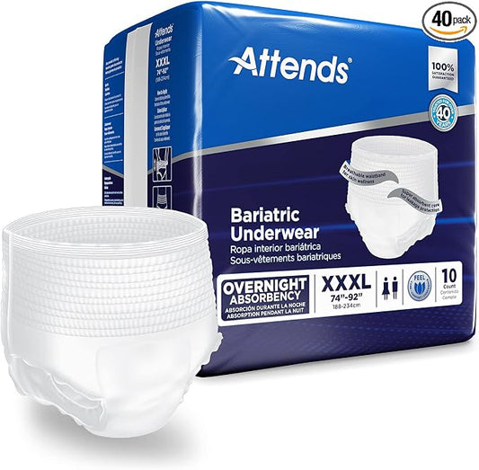 Attends Bariatric Adult Incontinence Underwear, 3X-Large (74-92"), [40 Count] - Overnight Absorbency for Men and Women, Disposable Pull-On Diapers with Tear-Away Sides, AU60