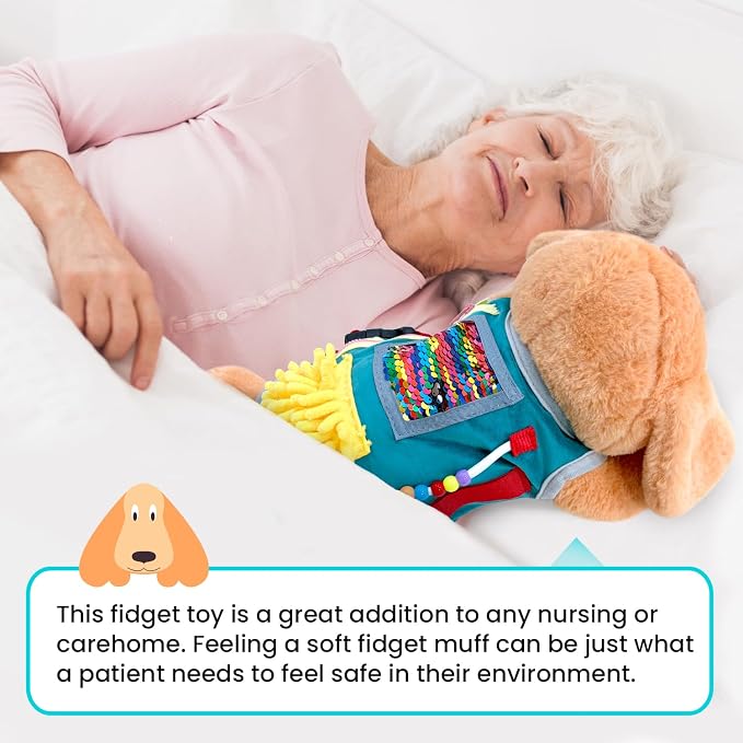 Fidget Blanket for Dementia, Fidget Dog Blanket for Elderly, Fidget Sensory Dog Blanket for Seniors with Alzheimer’s, Dementia Products for Elderly