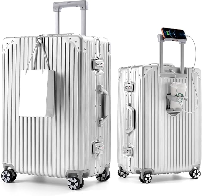 26-Inch Aluminum Frame Hardside Checked Luggage, Metallic Silver | Zipperless large PC suitcase, family travel essentials, dual TSA locks, cup holder, USB port, phone stand, spinner wheels