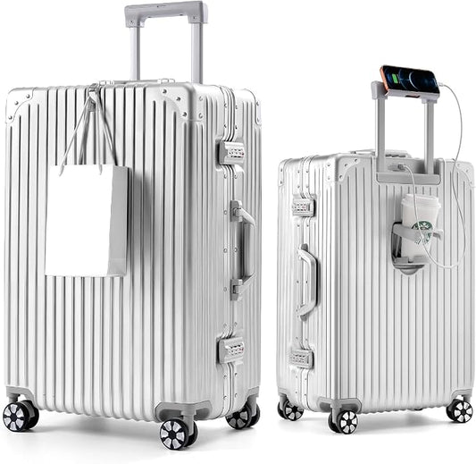 26-Inch Aluminum Frame Hardside Checked Luggage, Metallic Silver | Zipperless large PC suitcase, family travel essentials, dual TSA locks, cup holder, USB port, phone stand, spinner wheels