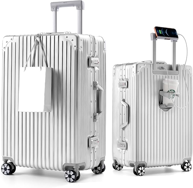 24-Inch Aluminum Frame Hardside Checked Luggage, Metallic Silver | Zipperless medium PC suitcase, vacation essentials, dual TSA locks, cup holder, USB port, phone stand, spinner wheels