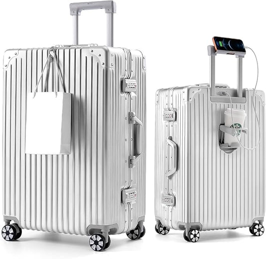 28-Inch Aluminum Frame Hardside Checked Luggage, Metallic Silver | Zipperless extra large PC suitcase, high capacity, dual TSA locks, cup holder, USB port, phone stand, spinner wheels