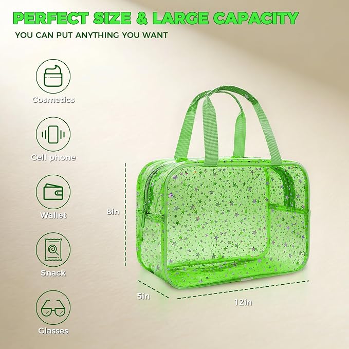 Large Clear Makeup Bag 12x5x8 Green Star Pattern - Waterproof PVC Travel Cosmetic Organizer with Handle, Durable Transparent Toiletry Case for Women Girls Travel Gym Beach Storage