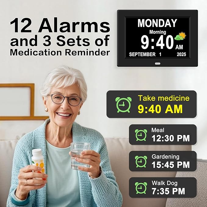 11'' Large Display Digital Alarm Clock for Seniors Date Day of Week Digital Calendar for Elderly Electric Digital Clocks 12 Alarms 4 Colors Desk Clocks Alzheimers Dementia Clock Auto DST/Dimmer