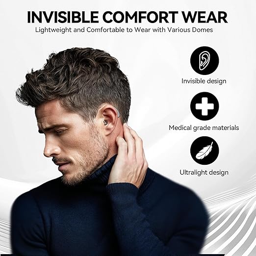 METIKO-Elclear 64-Channel Hearing Aids with AI Noise Cancellation, APP-Control, Rechargeable OTC Hearing Aid Ultralight Invisible for Seniors Adults, Silver