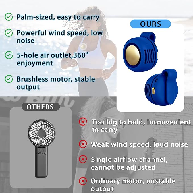 Portable Clip-On Fan, Mini USB Rechargeable 360° Rotatable Fan, Personal Fan 3-Speed Silent Mini Bladeless Fans (1 pack（Dark blue)
