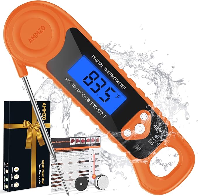 AMMZO Digital Meat Thermometer for Grilling, Candy Thermometer Instant Read Food Thermometer Waterproof with Backlight for Cooking, Deep Fry, BBQ, Grill, Smoker and Roast (Orange)