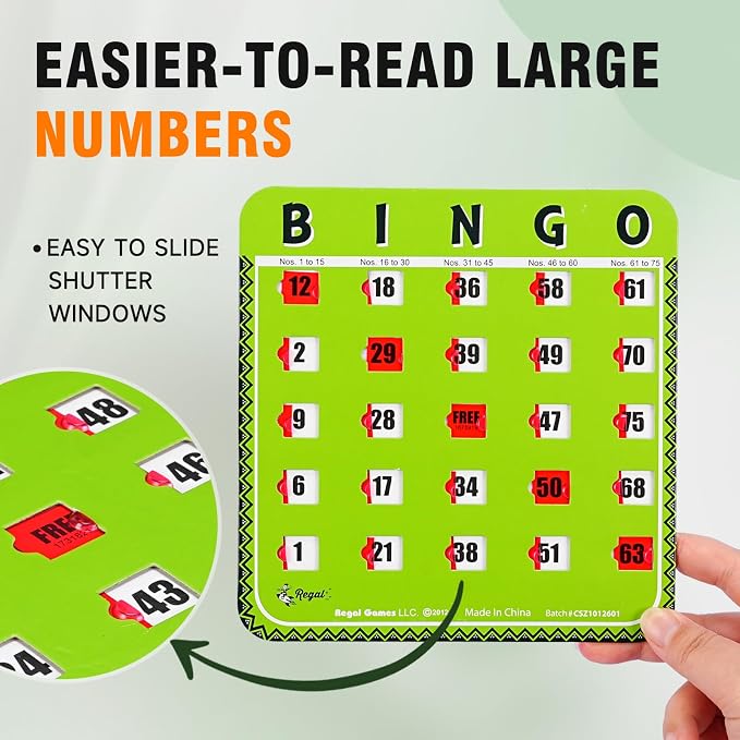Regal Bingo Bulk Bingo Cards with Sliding Windows - Reusable Large Print Bingo Game Cards for Adults Large Group - 8 Pack, Green