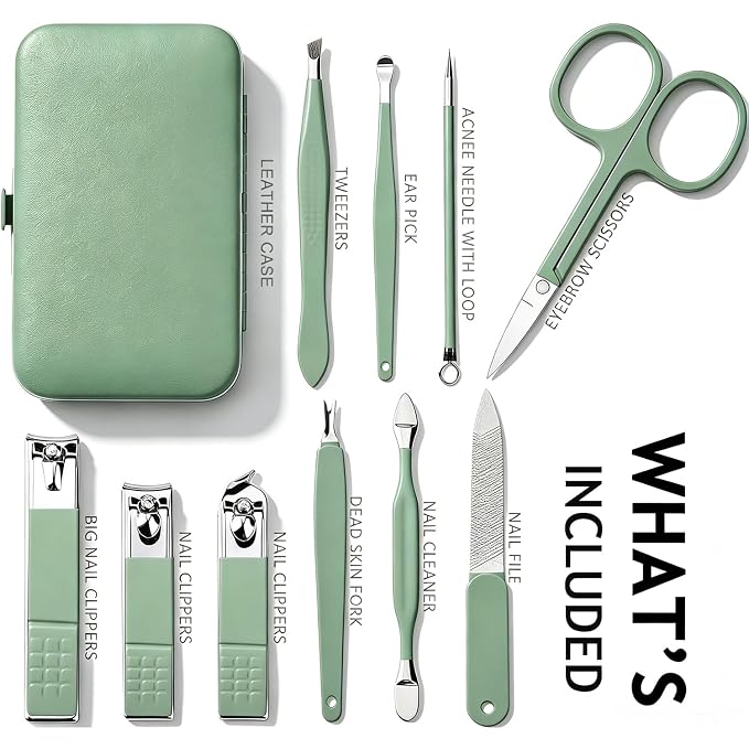 HANTEKAS Manicure Set 10 in 1 Stainless Steel, Nail Clippers Scissors Pedicure Tools Kit - Portable Travel Grooming Kit for Men and Women with Leather Case (Jade Green)