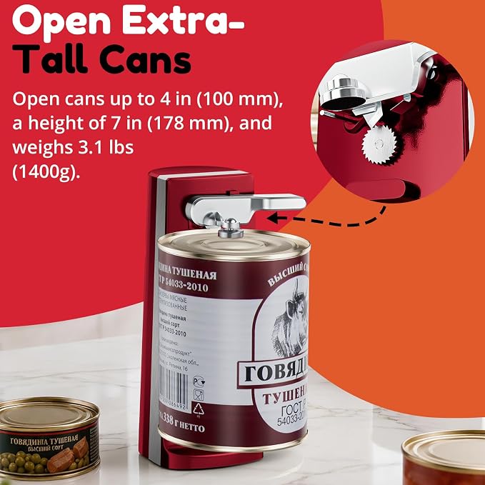 Davivy Electric Operated Can Opener for One Millet Opener, Removable Stainless Steel Cutter and 3-in-1 Design with Knife Sharpener and Bottle Opener (ABS-Red)