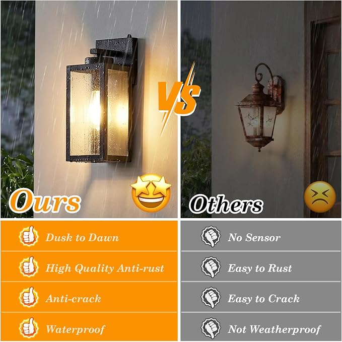 Upgraded Dusk to Dawn Outdoor Wall Lights, Matte Black, 2-Pack | Auto On/Off, Rust-Resistant, Quick & Easy Installation, Waterproof & Weatherproof, Thick Clear Glass & Durable Metal