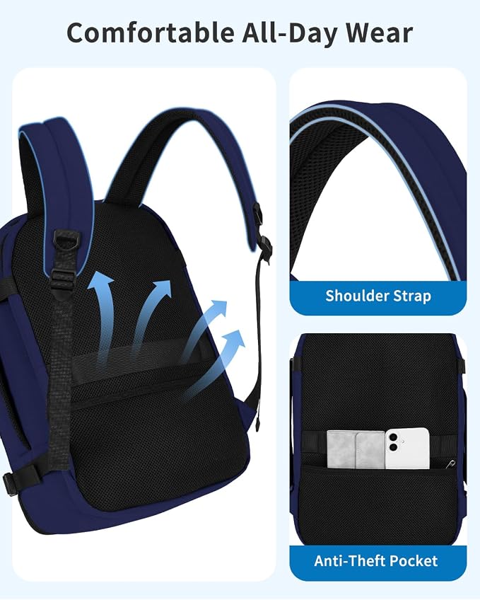 WANDF Personal Item Travel Bag, Small Travel Backpack 17x10x9 for United Airlines, 15.6" Laptop Backpack for Men Women (Navy Blue)