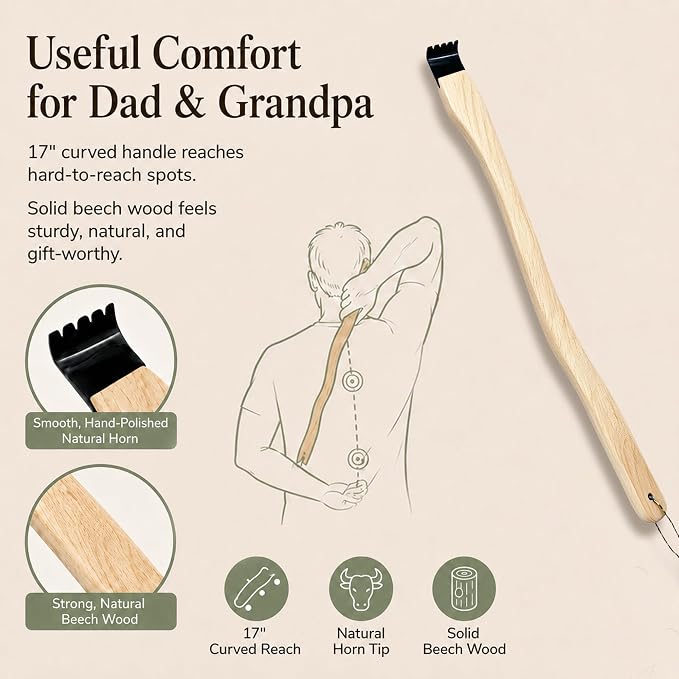 Natural Buffalo Horn Back Scratcher, 17" Curved Beech Wood Handle | Natural Buffalo Horn Tip, 17-Inch Curved Beech Wood Handle, Long Reach, Smooth Rounded Edge, For Men, Women And Seniors