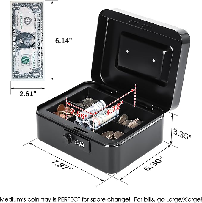 KYODOLED Metal Cash Box with Combination Lock & Money Tray - Secure Safe for Home, Office & Events, Ideal for Cash, Meds & Small Items, 7.87" x 6.30" x 3.35", Black, 2 Pack