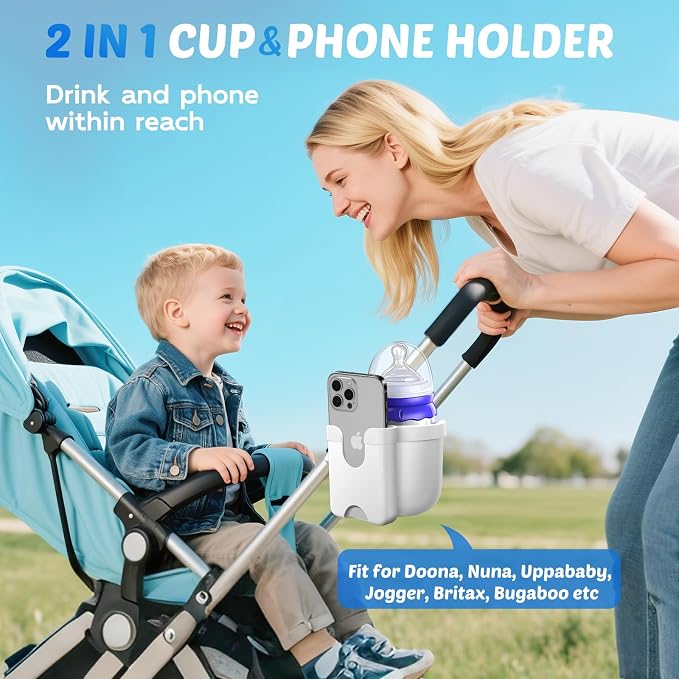 Guiseapue 2-in-1 Stroller Cup Holder Phone Holder, White, Baby Essentials | Universal Accessories for Stroller/Wheelchair/Walker/Golf Cart/Bike/Scooter. Fit Uppababy Nuna Doona, Baby Shower Gifts