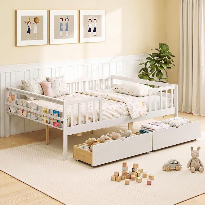 Giantex Full Kids Bed with Storage Drawers, Wood Montessori Bed with Rails & Side Shelf, Low Daybed Bed Frame for Boys Girls, No Box Spring Needed (White)