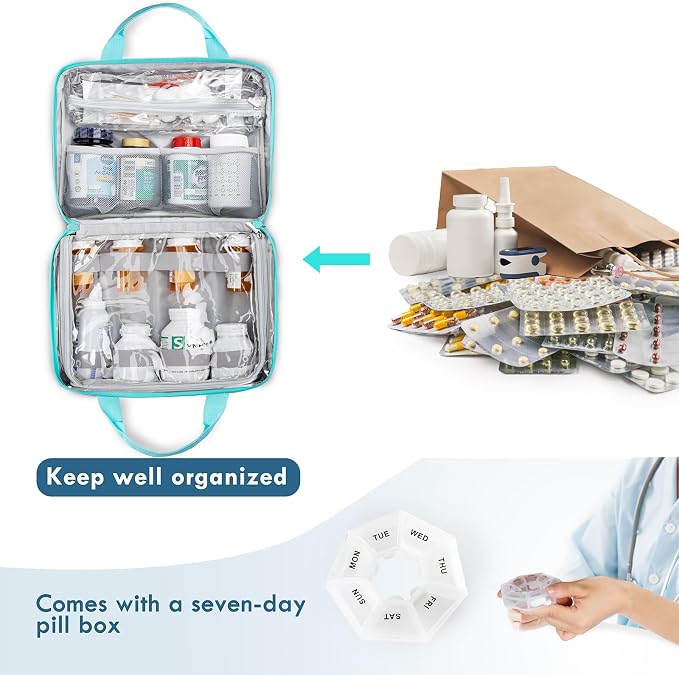 BAGSFY Medicine Bag for Traveling, Pill Bottle Organizer Storage, Large Medication Travel Case, Pills Box for Vitamin, First Aid Kit Bags Empty. (Comes with Weekly Pill Organizer)