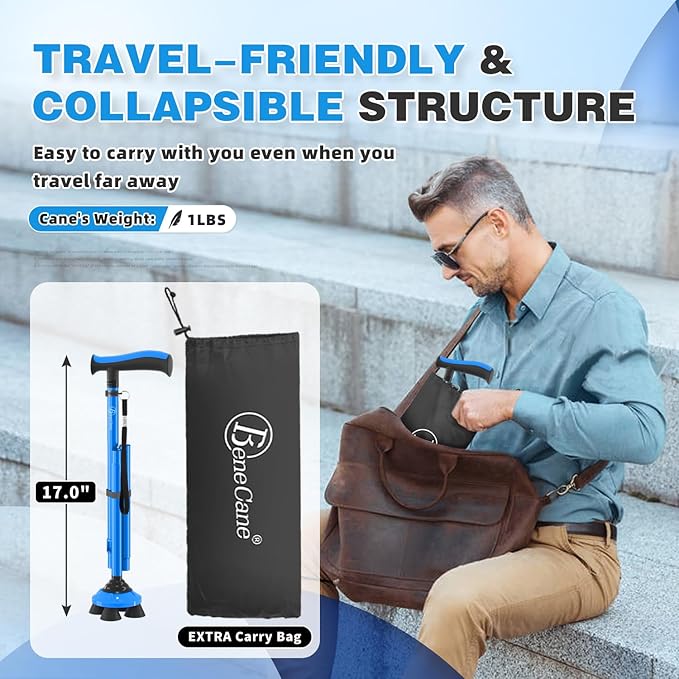 BeneCane Walking Cane for Men & Women Walking Stick for Seniors Folding Canes Quad Cane Adjustable Lightweight Sturdy Collapsible Heavy Duty with Soft TPR T-Handle and Travel Bag