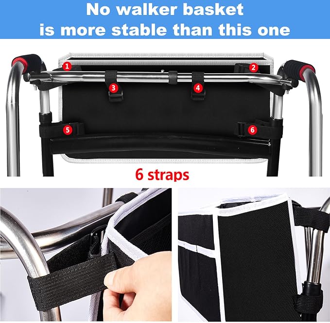 Yuan & Chuang Walker Bag - Foldable with 6 Elastic Straps, Stronger Than Other Baskets, Multiple Pockets & Never Tipping Over for Elders and Family - Black