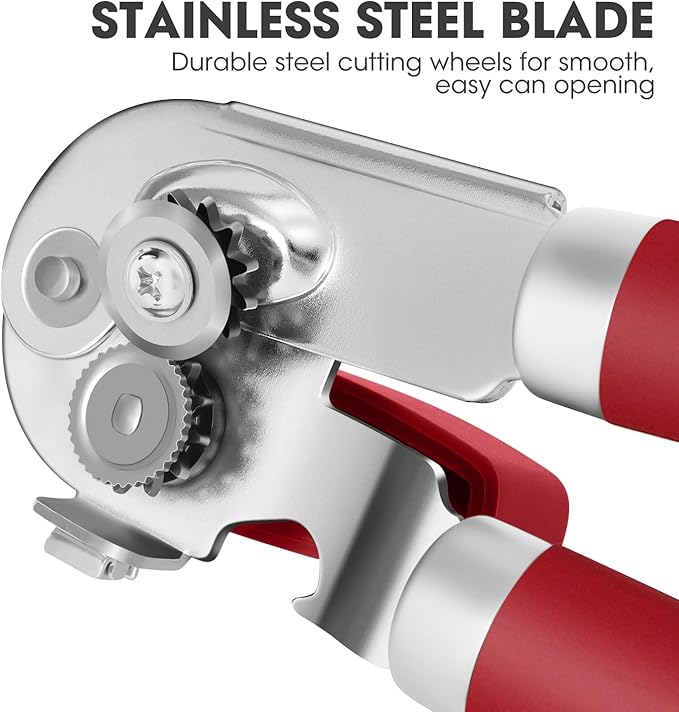 Manual Can Opener, UHIYEE Handheld Can Opener Heavy Duty with High Carbon Sharp Blade, Ease Can Open for Seniors with Comfort Grip Handles, Oversized Turn Knob, Red